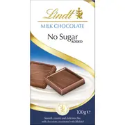 Lindt No Sugar Added Milk Chocolate Block 100g