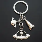 Alien Flying Saucer Believe Rocket Spaceship Planet Saturn Silver Keychain Gift