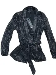 Phase Eight Florentine Black Sequin Long Sleeve Wrap Blouse UK14