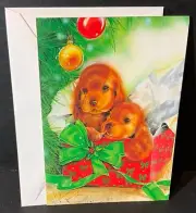 VTG Greenacre Workshop Christmas Card UNUSED Cocker Spaniel Puppies in Gift Box