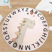 Cartoon Dinosaur Rugs, Soft Cute Childrens Rug, Low Pile Non-slip Washable Kids Carpets for Boys Girls Bedroom Nursery Playroom, Round 120cm, Blush Pink and Sage Green