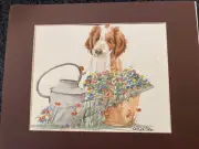 Welsh Springer Spaniel Original Watercolor by Sandra Coen of a Puppy In Garden
