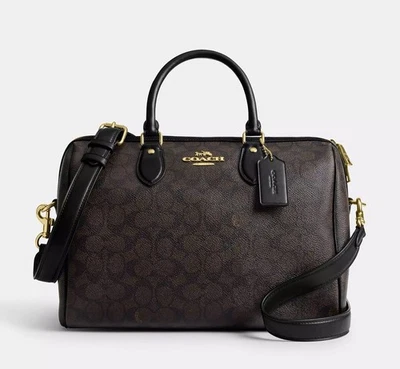 Coach Rowan Large Satchel Bag In Signature Canvas Walnut/ Black Color