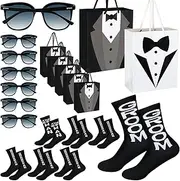 21 Pcs Groomsmen Gifts Set 7 Pairs Black Groomsmen Socks for Men 7 Pieces T Shirt Gift Bags 7 Pairs Sunglasses for Wedding Proposal Bachelor Party