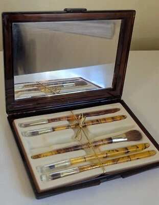 KINGSLEY Make-up BRUSH SET Amber Genuine Bristles Tortoise CASE Mirror NEW x5