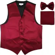 New men's tuxedo vest waistcoat & bow tie set horizontal stripes prom burgundy