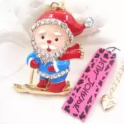 Betsey Johnson Red and blue SANTA Clause ON SKIS with Blue velvet Gift Bag