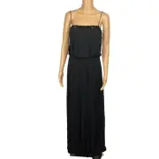 AIDAN MATTOX Black Fringe Beaded Spaghetti Strap Polyester Evening Gown Size 6