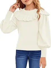 [Haloumoning] Girls' Knitted Jumper Fashion Lantern Sleeves Ruffle Pullover Kids Round Collar Long Sleeve Pullover