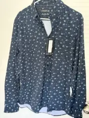 Denim & Flower Men’s Dress Shirt Ricky Singh Long Sleeve Blue 8 Way Stretch New