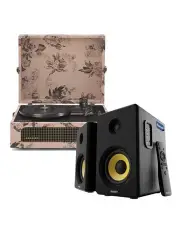 [Crosley] Voyager Portable Turntable + Bundled Majority D40 Bluetooth Speakers in Floral/Black