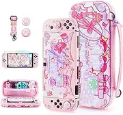 FUNDIARY Pink Carrying Case for Nintendo Switch OLED Accessories, Cute Star Travel Case Pouch for Switch OLED with Hard PC Protective Shell, Screen Protector, Adjustable Shoulder Strap & 2 Thumb Caps