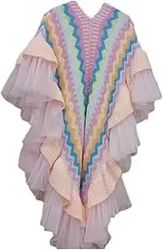[Generic] 3D Flowers Embroidered Rainbow Knitted Shawl Mesh Spliced Ruffles Sweater Coat Irregular Gauze Ruched Scarf Cape
