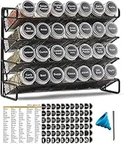 KITment Spice Rack Organiser with 28 Spice Jars, Spice Organizer Stand Holder for Kitchen Countertop Seasoning Rack for Cabinet Pantry Cupboard or Wall Mounted, with Spice Labels, Funnel, 4 Tier