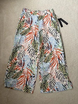 NWT Tahari tropical print wide leg 100% linen shorter relaxed fit pants, sz M