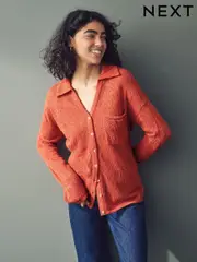 Orange Button Up Open Stitch Collared Knitted Shirt Jumper (E94220) | $39