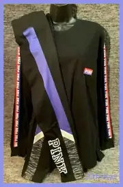 Victoria's Secret Pink Campus Tee Shirt + Ult Leggings Set Black Blue Red M NWT