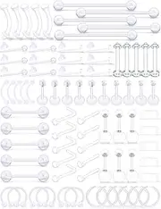 [Cisyozi] 92pcs Clear Piercing Retainer 16G 14G Flexible Bioflex Horseshoe Lip Eyebrow Belly Navel Septum Nipple Tongue Nose Rings Tragus Cartilage Ear Earrings Hoop Industrial Barbell Retainer