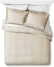 Feather & Stitch Queen Size Duvet Cover Set, 500 Thread Count Damask Stripe 3 Piece Full Size Duvet Insert Cover Set, 100% Pure Cotton Comforter Cover, 2 Pillow Shams, Zipper Closure - Beige