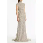 Carla Zampatti Ivory Crushed Sequin Polo Gown (Size: 14)