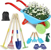 Kids Gardening Tools Set, Gardening Set for Kids, Outdoor Backyard Farm Digging Toys with Wheelbarrow Shovel, Rake, Trowel, Fork, Birthday Gifts for Boys Girls Age 3+