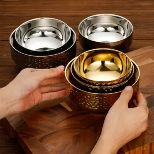 韓系304不鏽鋼碗 錘紋餐具 雙層防燙碗 家用米飯碗 鑽石紋 拉麵碗 金色碗