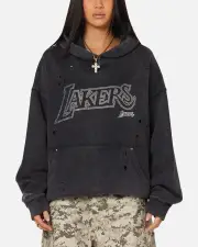 [MITCHELL & NESS] Mitchell & Ness Los Angeles Lakers Distressed Rhinestone Logo Hoodie Faded Black - Size L L Faded Black