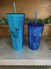 Starbucks Summer 2023 Metallic 24 oz Chrome Teal Blue & 2022 Azure 16 oz Tumbler