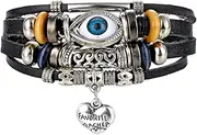 [TEAFIRST] Men Women Multi-layer Evil Eye Leather Bracelet Braided Beaded Wristband Bangle, 19cm-35cm(Adjustable), Nylon, wood beads