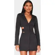 Black Woven Cut Out Tie Back Blazer Dress, Black