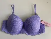 Juicy Couture Sexy Push Up Sz 36C Underwire Bra JC6308T Iris Cloud Purple Lace