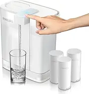 PHILIPS Water Filter Pitcher, GoZero Next-gen Instant Water Purifier Filter Dispenser with Rechargeable Battery Mirco-X Clean Tech, Reduce Chlorine Lead Copper for Fridge Door 12Cup 3Filter for 180Gal