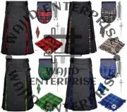 Scottish Men Black Denim & Tartan Hybrid Kilt Utility 8 yard kilt & Accessories