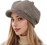 [Hebenie] Winter Hat for Women - Warm Knitted Visor Beanie Ladies Fleece Lined Thermal Wooly Peaked Beret Hat
