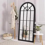 Furb Arch Window Mirror, Full Length Floor Mirror, Free Standing, Wood Frame, Shatterproof Tempered Glass, 180x80cm (Black)