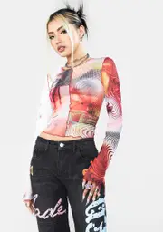 [Jaded London] Mixed Y2K Print Mesh Long Sleeve Top