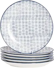 [Nicola Spring] Hand-Printed Dinner Plates - 25.5cm - Navy - Pack of 6 - Porcelain Decorative Patterned Dining Dish Plates for Snacks, Starters, Dinner, Dessert