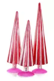 Cody Foster 11"-15" Red Pink Silver Pleated Glass Retro Christmas Tree Set of 3