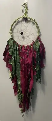 Dream Catcher 8” Dia w/ Sari Streamers, Obsidian Stone, Fairy Lights Etc. Hndmad