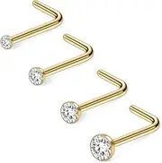 [Ruifan] 18G 1.5mm 2mm 2.5mm 3mm Jeweled Clear Diamond CZ Nose L Shaped Studs Rings Piercing Jewelry 4PCS