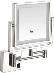 LED Makeup Vanity Mirrors,Square Double-Sided Lighted Cosmetic Mirror Wall Mounted Bathroom Mirrors,3X Magnification，360 Degree Swivel,Hardwired,Nickel