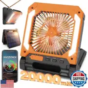20000mAh Rechargeable Solar Camping Fan with Led Lantern, 3 Adjustable Speeds