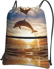 EdWal Funny Animal Dolphin Print Drawstring Backpack Gym Bags Sports Bags With Zipper Pocket For Travel Beach, Black, One Size