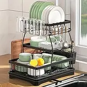 Dish Drying Rack for Kitchen, MUVKQC 3 Tier Dish Rack with 360° Rotating Drainer Board, Large Dish Drainer with Utensils Holder, Stainless Steel Dish Drainer Rack for Kitchen Storage & Organisation