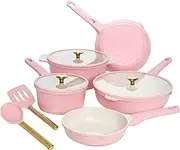 Paris Hilton Ceramic Nonstick Cookware Set, Cast Aluminum with Dual Layer Nonstick Coating, Gold Heart Knobs, Stay-Cool Handles, Made Without PFAS, PFOA, PFOS & PTFE, Dishwasher Safe, 10-Piece, Pink
