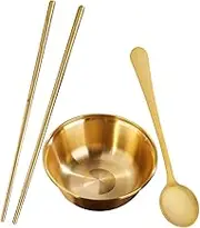 EXHUMKY 1Set Brass Dinnerware Bowl and Spoon for Noodles Rice and Salad Brass Material for Home Use Elegant Design for Fruit and Dessert Serving