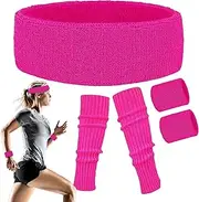 [Generic] Retro Sweatband Set - Neon Leg Warmers | Sports Headband Kit | Flexible Colorful Neon Hair Accessories | Colorful Neon Workout Gear Set for Running, Yoga, School Sports Meets, and 80s Parties