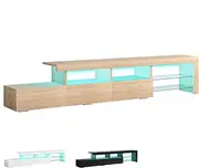 ALFORDSON TV Cabinet Stand with 16 Colors & 4 Modes RGB LED Lighting, Entertainment Unit with Tempered Glass Shelves & 3 Drawers, Minimalist Design Multimedia Centres, 221x35.5x45 cm, Wood