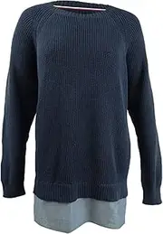[Tommy Hilfiger] Womens Plus Mixed Media Long Sleeves Pullover Sweater Navy 3X