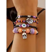 Women's Halloween Beaded Bracelet Set – Colorful Skull, Spider Web, and Pumpkin Charm Stretch Bracelets, Fun Festive Jewelry for Women, Ideal for Halloween Par